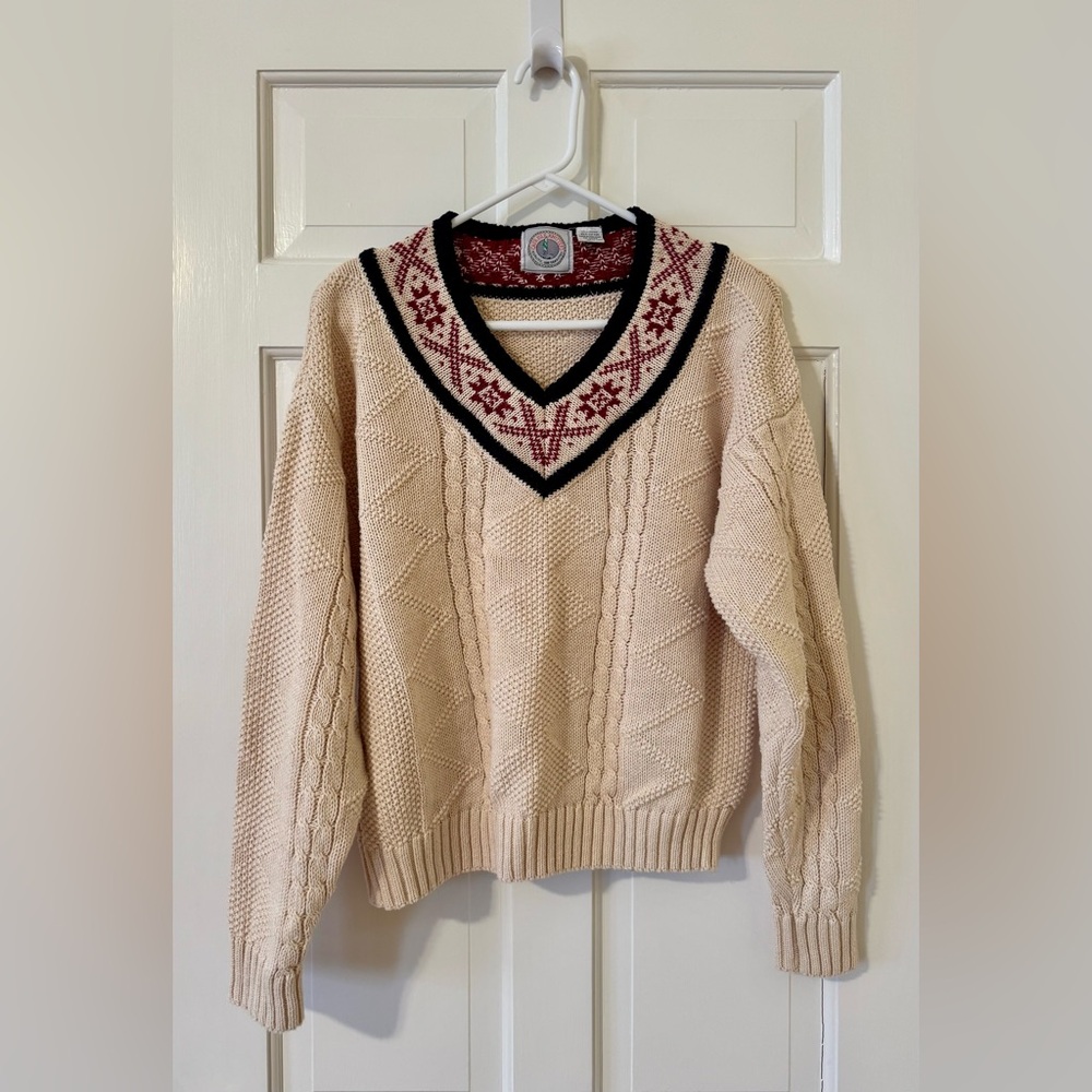 Vintage Cape Isle Knitters Cotton Cable Knit V Neck Sweater